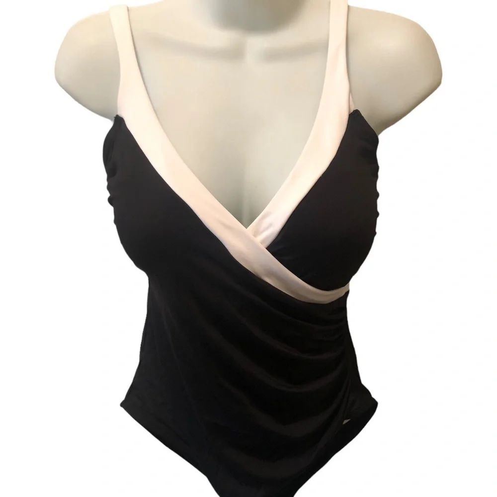 Bond Eye NIPTUCK Slimming Ruched Wrap Top One Piece Swimsuit 8 Black White Tux